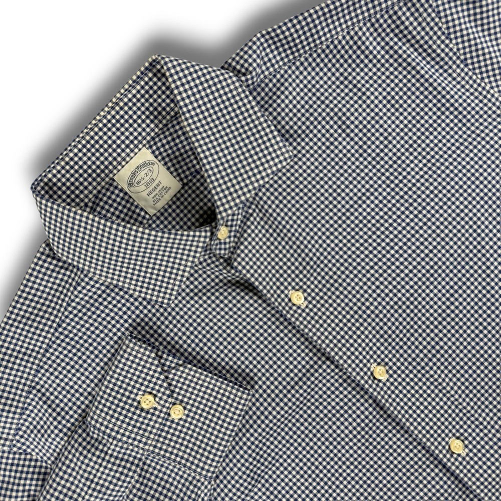 Brooks Brothers 1818 Regent Shirt Men L Blue White Check Gingham Non-Iron Button